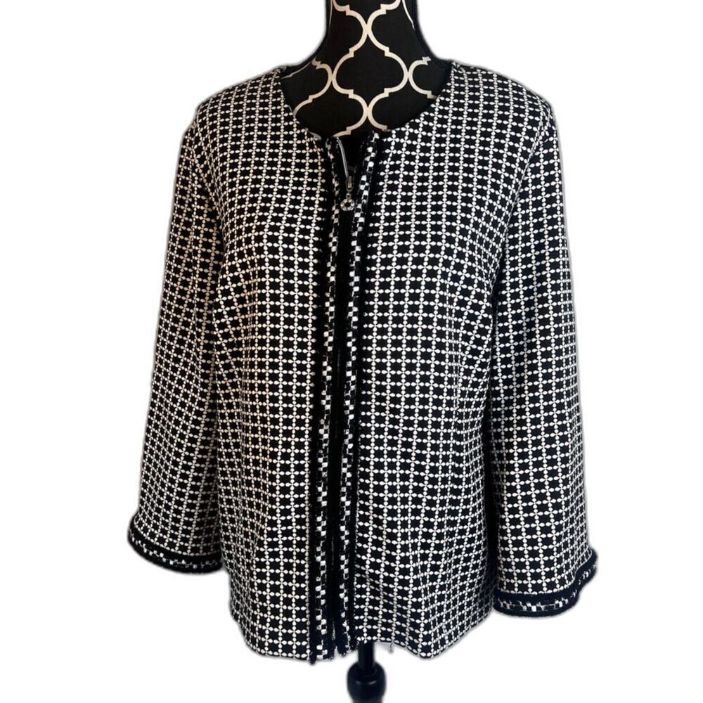 Modes Crystal Black & White Patterned Full Zip Lightweight Cardigan Jacket Sz 1X